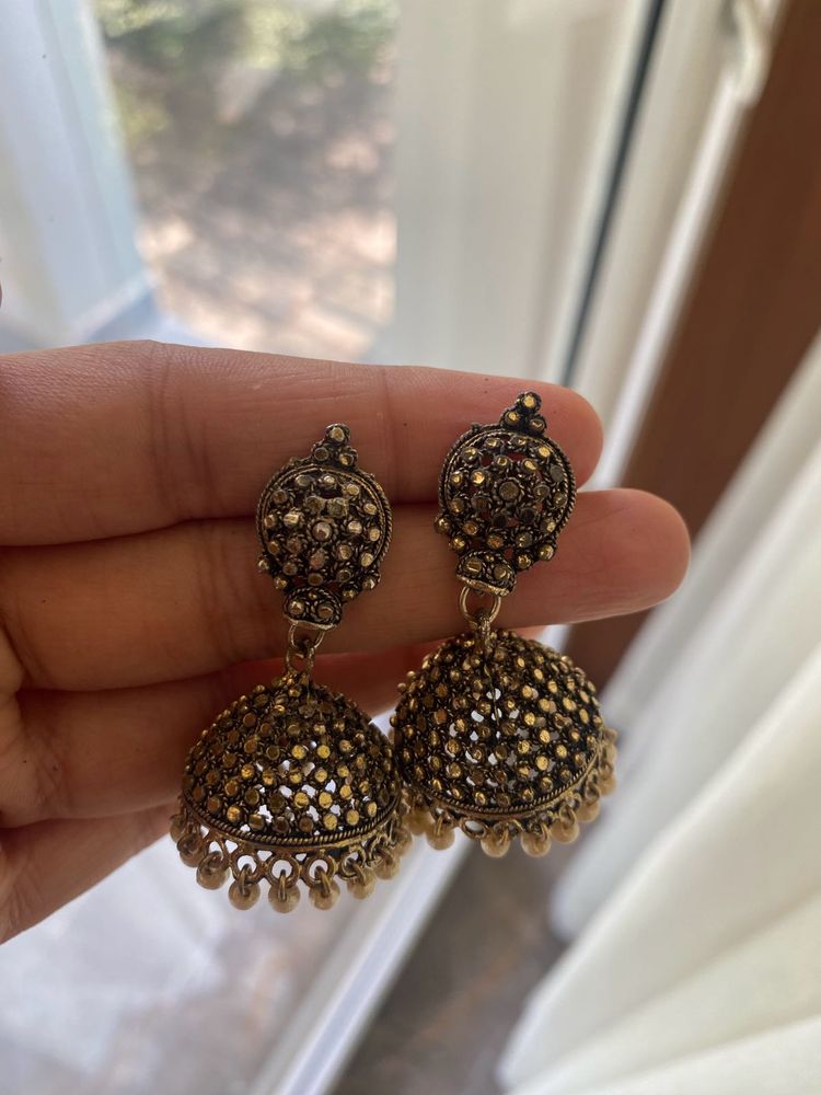 Golden Toned Oxidised Jhumkas
