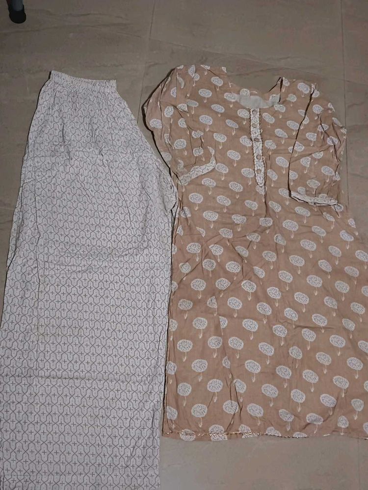 Beige &amp; White Printed Kurta Set
