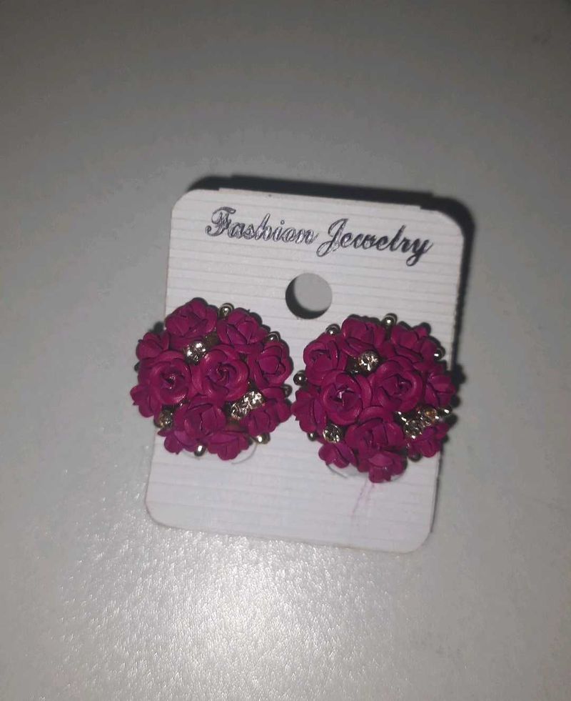 Dark Pink Roses Studs With Golden Stones Work