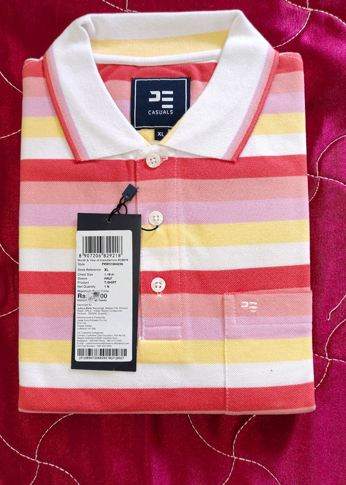 Original Peter England Men Tshirt Pink Yellow White Stripes Design