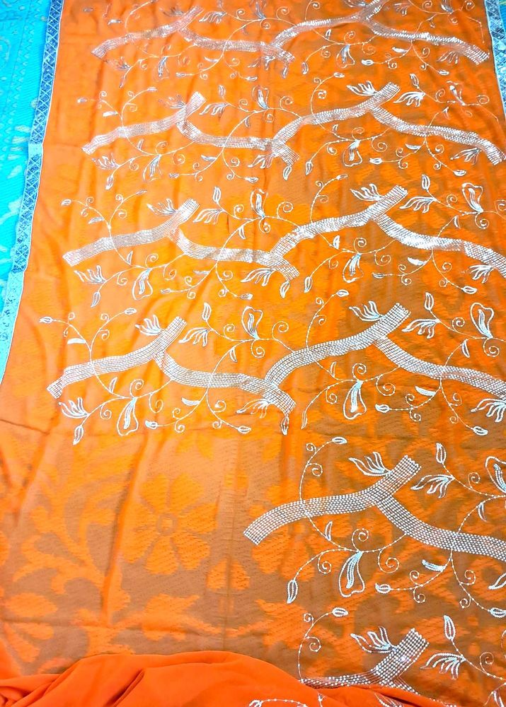 Orange  Saree  With Sitara  Work .