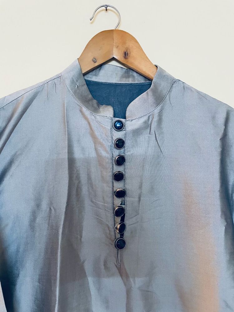 Gray Button-Down Kurta Set Silk