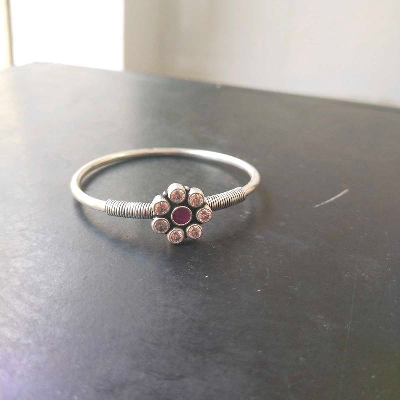 925 Silver Oxidised Pink And White Stone Open Kada