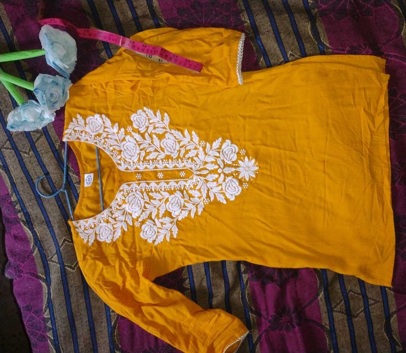 Embroidery Yellow Short Kurti
