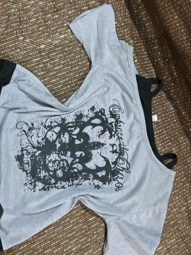 Grey Graphic Cold Shoulder Top