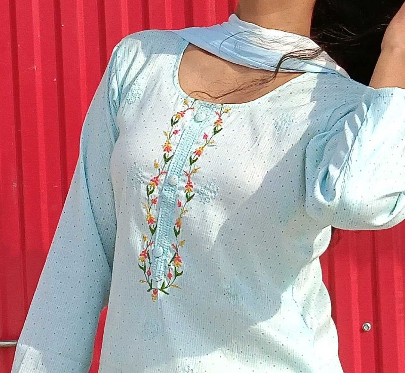 Light Blue Embroidered Kurti