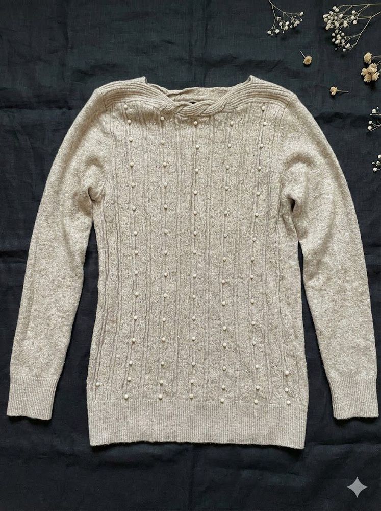 Beige Knit Sweater with Pearl Details