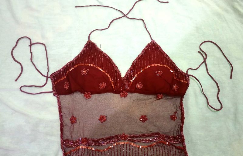 Red Sequined Backless Crop Top