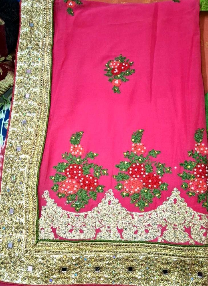 Heavy Embroidery Rose Pink Saree