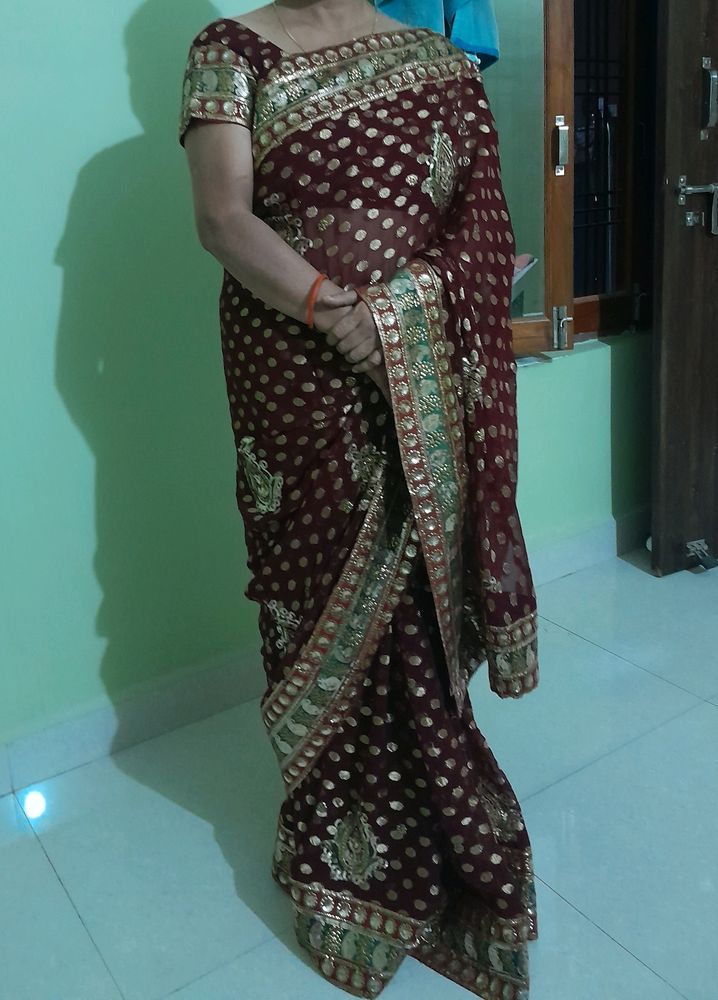Maroon  Heavy Work Saree With Blouse