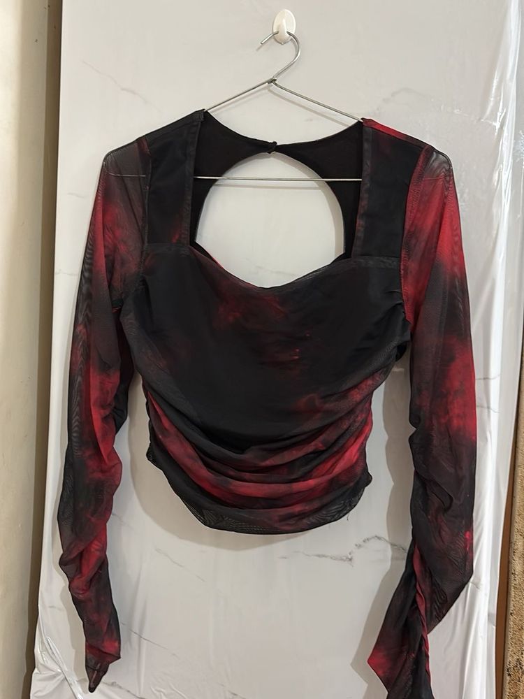 Red &amp; Black Mesh Long Sleeve Top