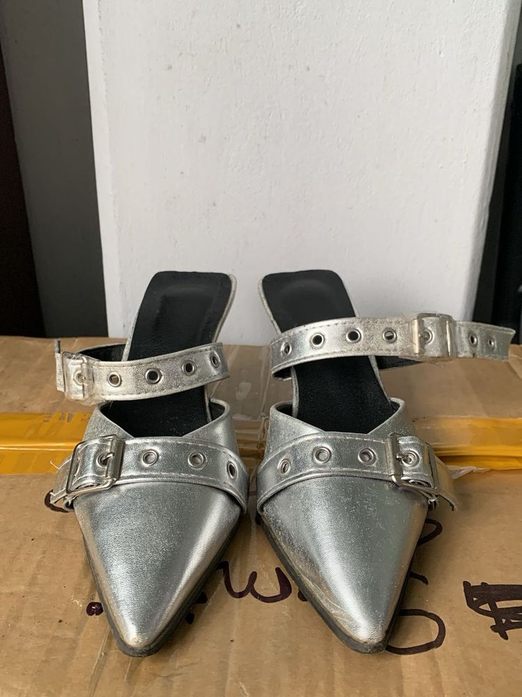 Silver Buckle Pointed Toe Heels