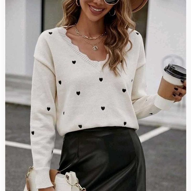 Korean Heart Pattern V-Neck Sweater