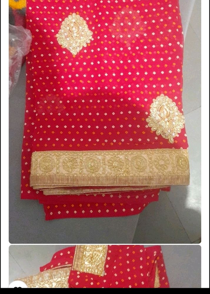 Red Bandhani Saree with Gold Embellishments