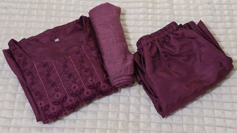 Mauve Kurta Set Cotton Silk