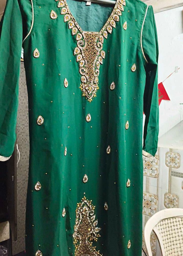 Dark Green Handwork + Diamond Work Gharara Set