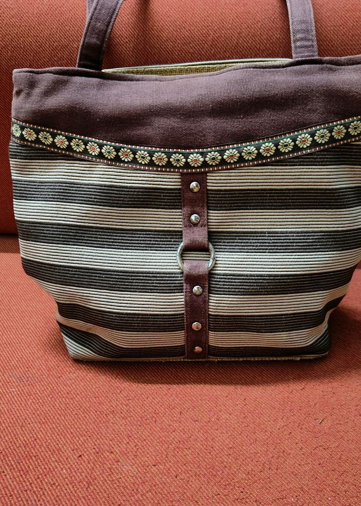Striped Tote Bag with Floral Detail