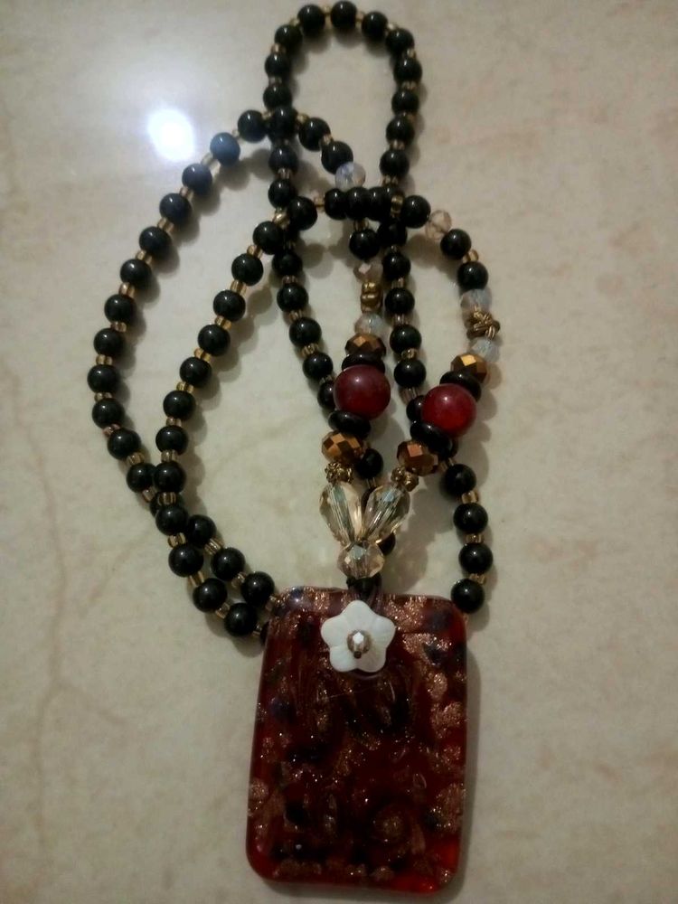 Beaded Necklace with Red Pendant