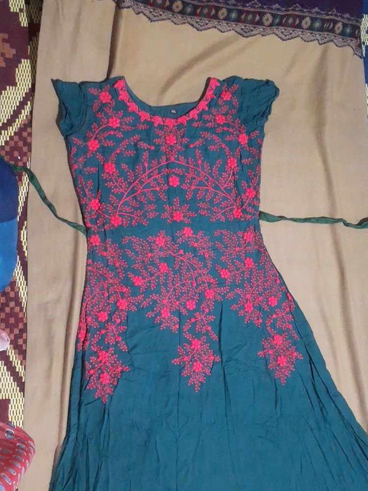 Seek Green Colored (XXL Size) Cotton Long Gown With Pink Embroidery Designs... Super Comfortable And Very Good Quality...No Flaws In It...