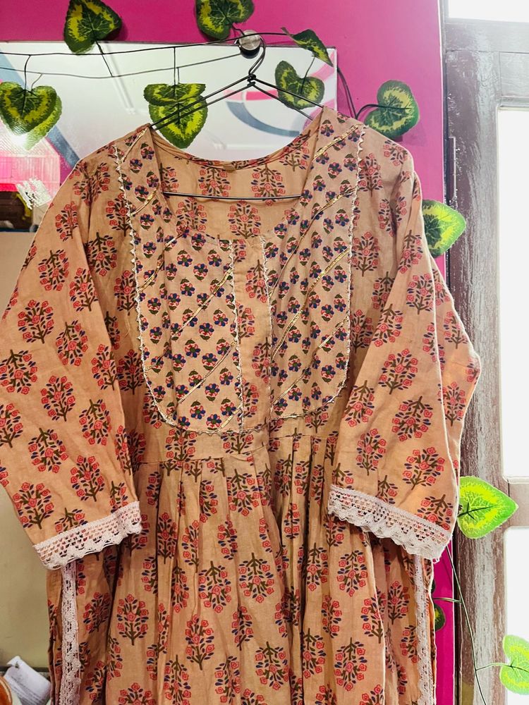 Elegant Beige Floral Cotton Anarkali Kurta