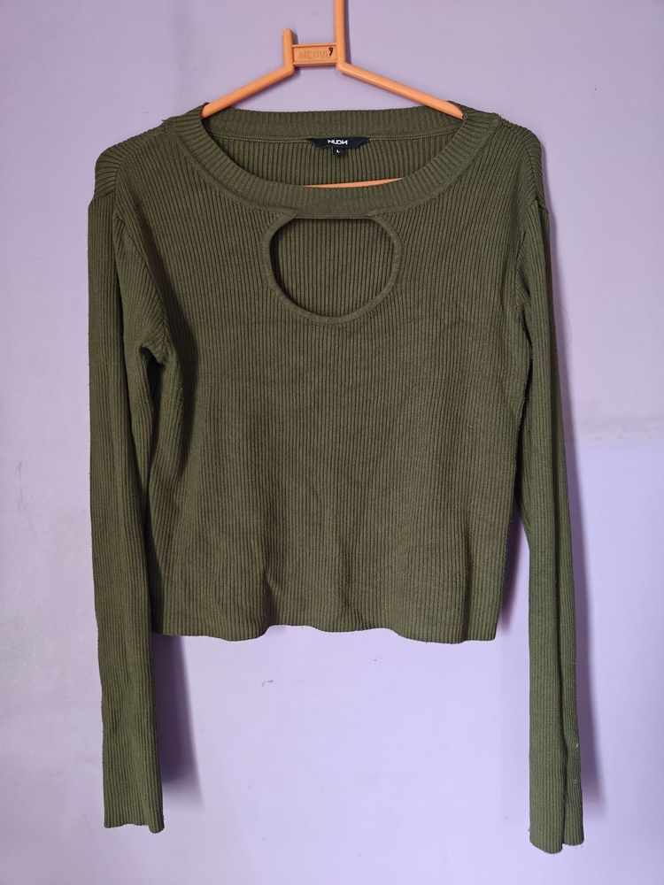 Olive Cutout Long Sleeve Top