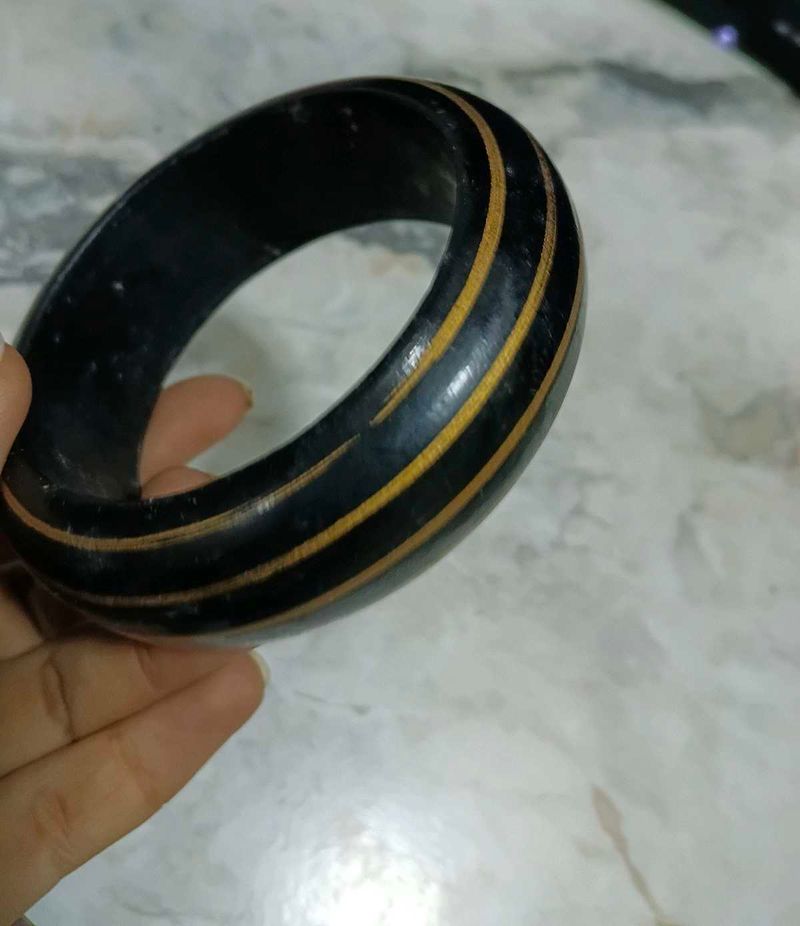 Wooden Bangle with Gold Stripes
