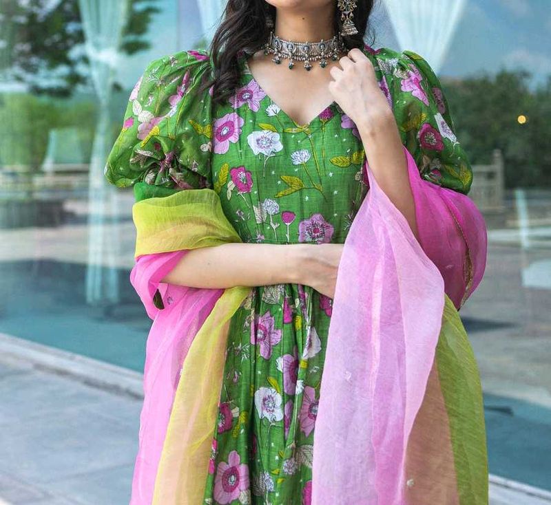 Aachho Green Chanderi Suit Set XL