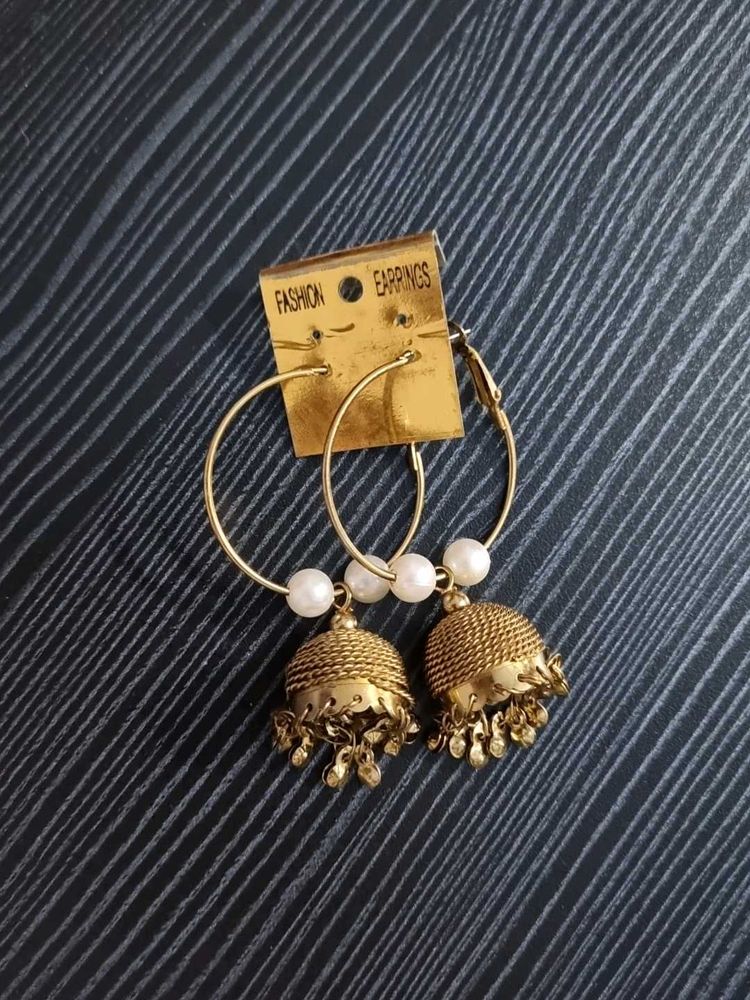 Antique Gold Hoop Jhumkas with Pearl Beads