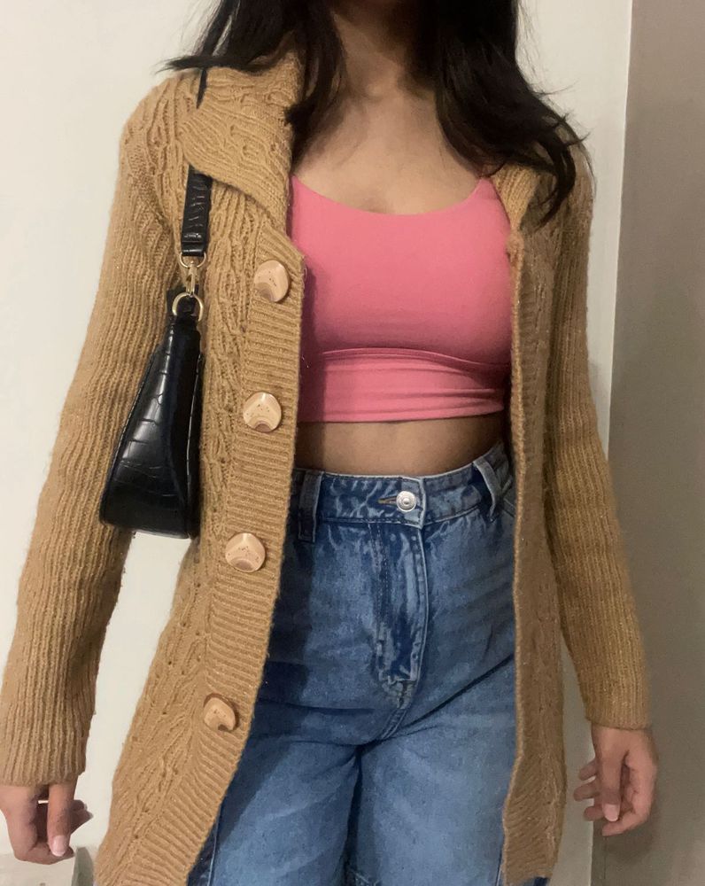 Long Collared Front Open Woollen Sweater