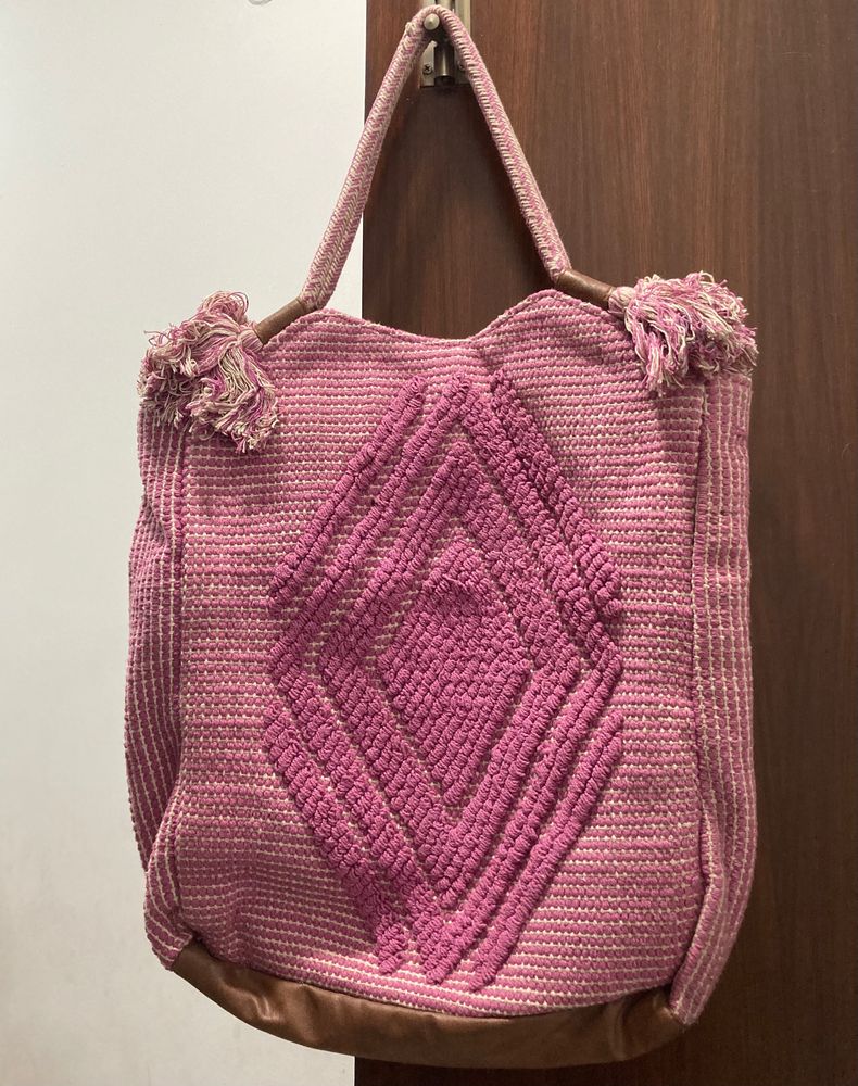 New - Handcrafted Pink Tassel Faux Leather Tote