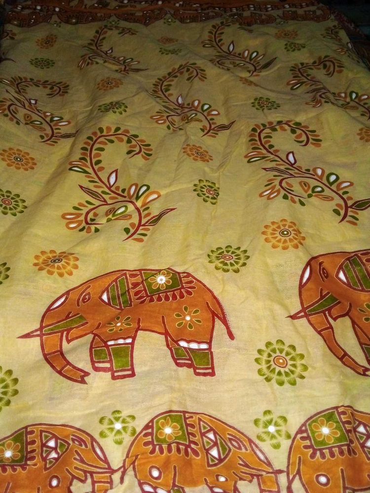 Womens Cotton Yellow Elephant Printed Saree