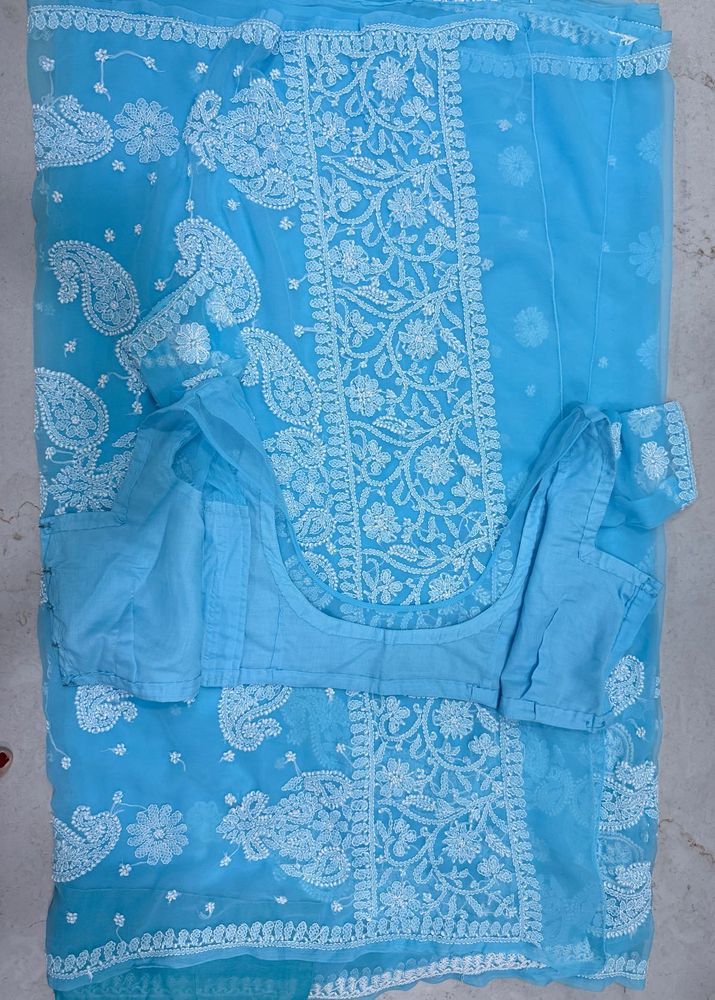 Ice Blue Lukhnowi work saree