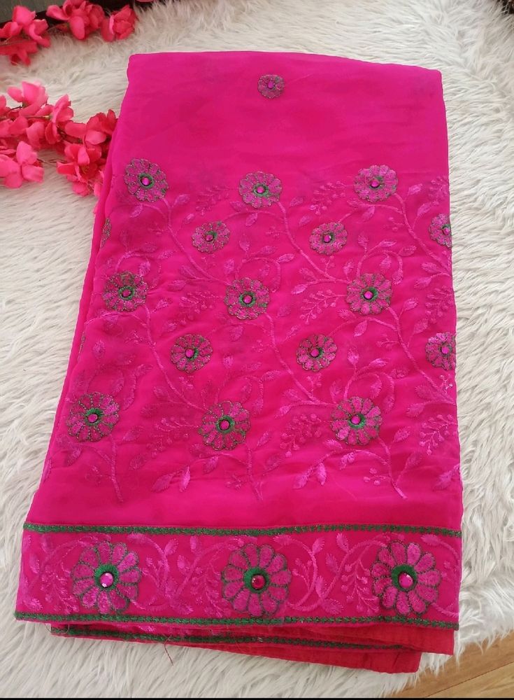 Magenta Floral Embroidered Saree With Blouse