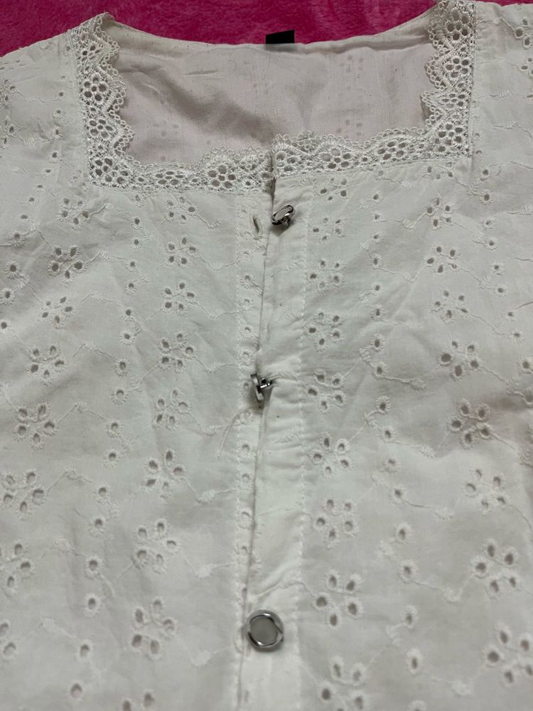 White Floral Eyelet Lace Trim Top