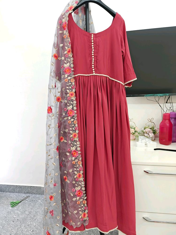 Price Drop!! Brick Red Flared Kurta With Dupatt