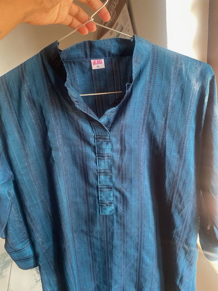 Blue Striped Mandarin Collar Top