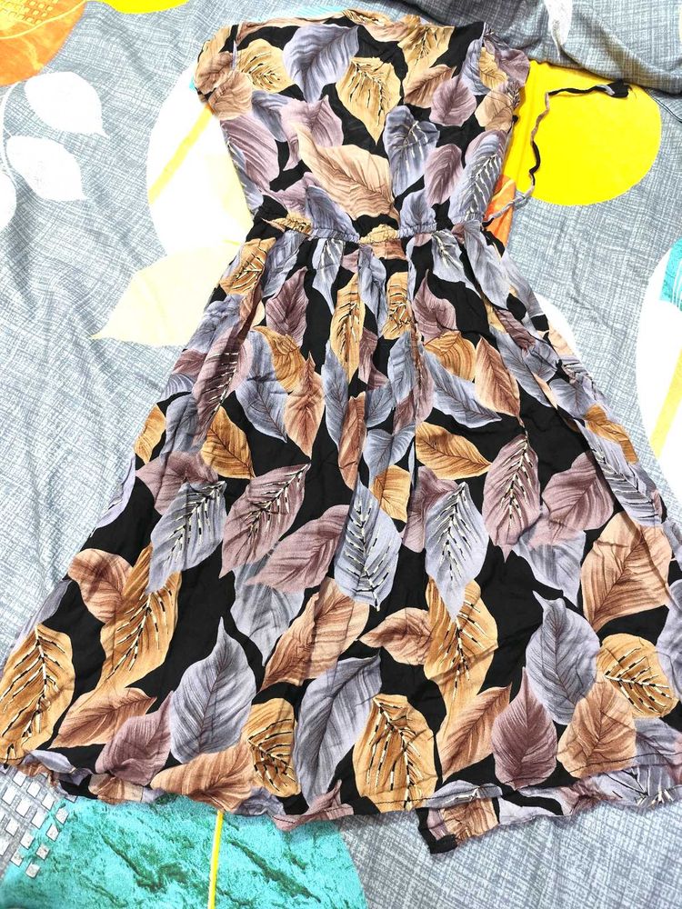 Vintage Leaf Print Midi Dress