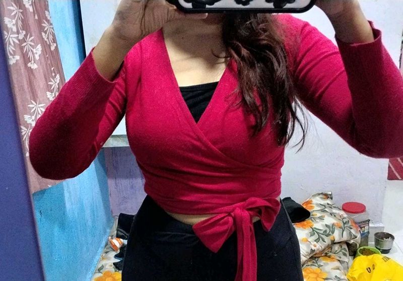 Red Wrap Top with Long Sleeves