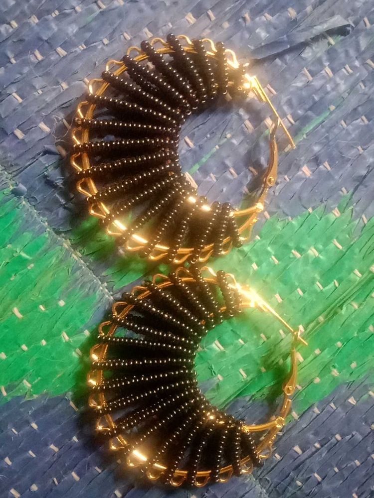 Black Beaded Hoop Earrings