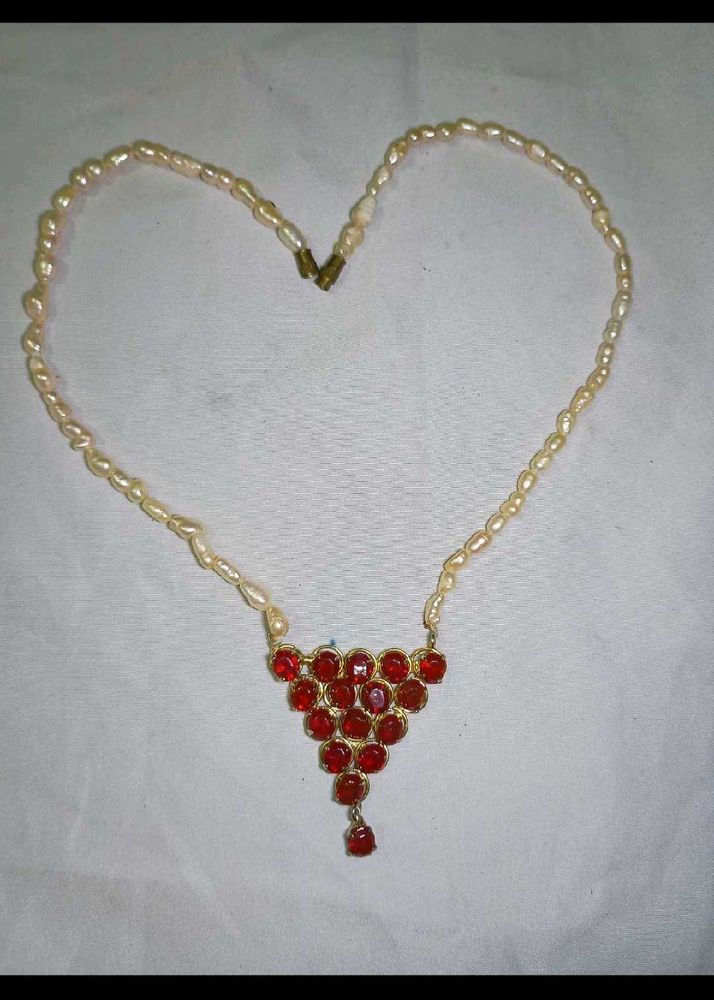 Pearl &amp; Red Stone Necklace