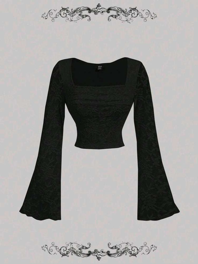 Square Neck Bell Sleeve Sinched Waist Black top