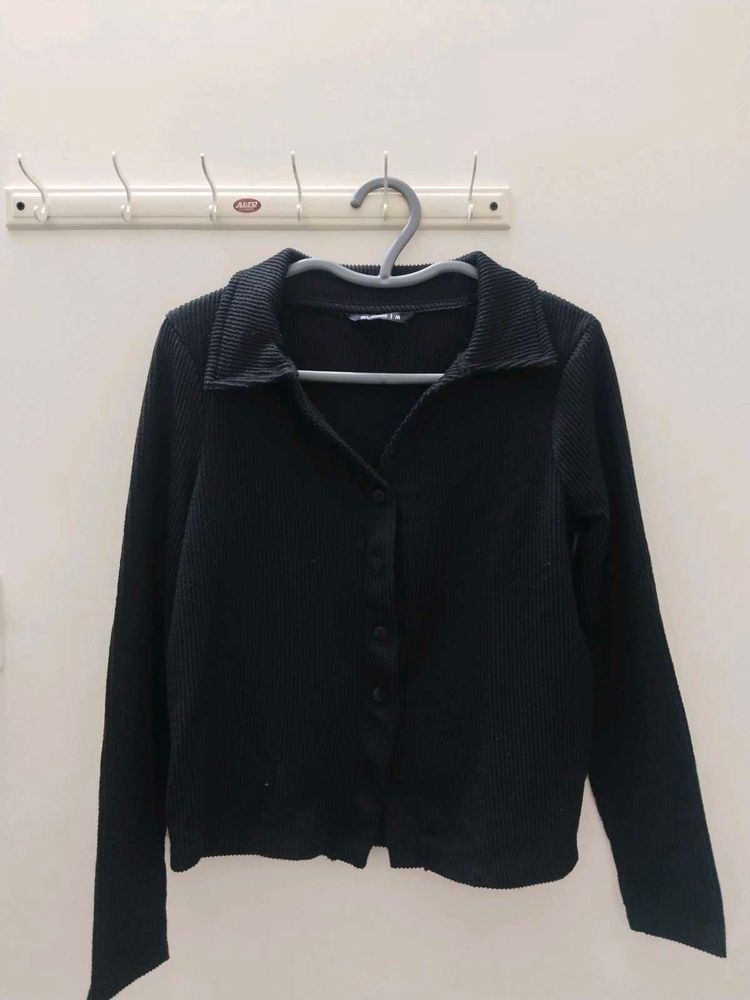 Black Ribbed Button-Down Top