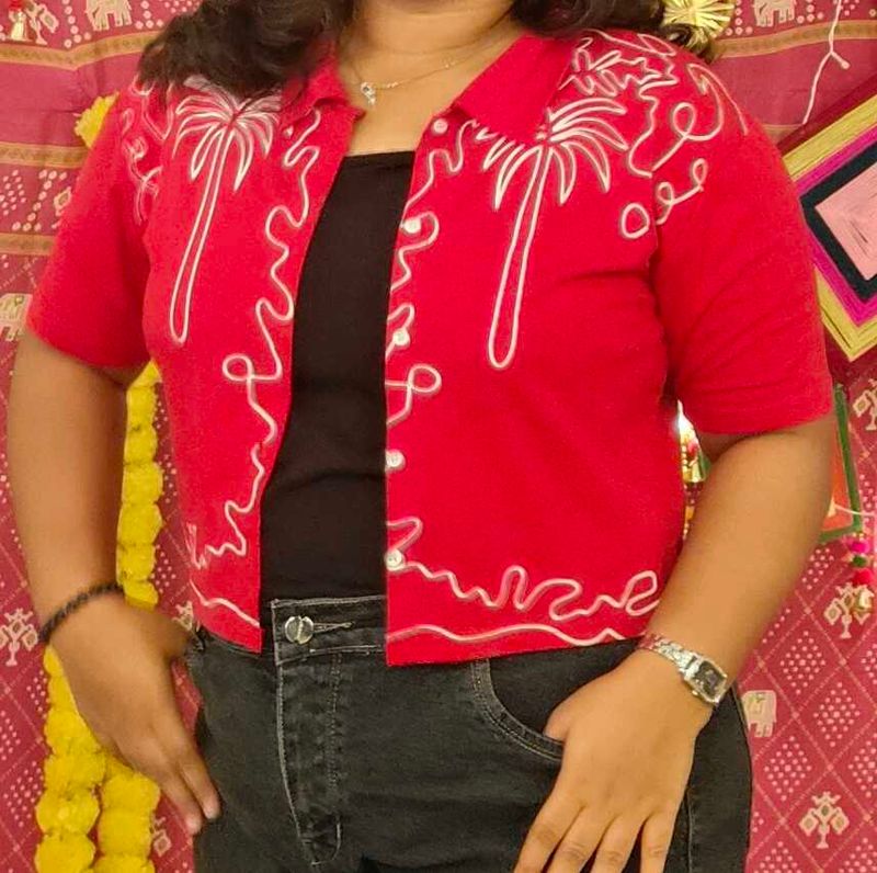 Red Embroidered Palm Tree Top