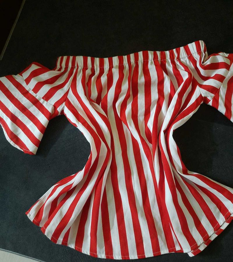 Off Shoulder Blouse With Red And White Stripes