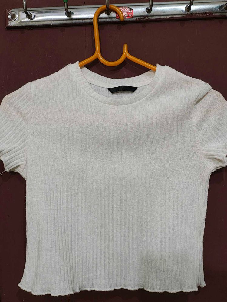 Shien White Ribbed Crop Top (32-34)
