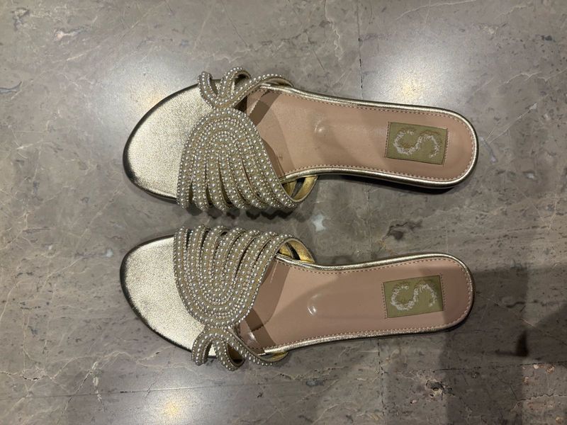 Sparkly Gold Embellished Slides With Pearls.