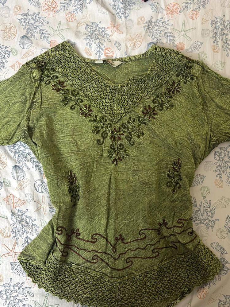 Green Embroidered Aesthetic Boho top