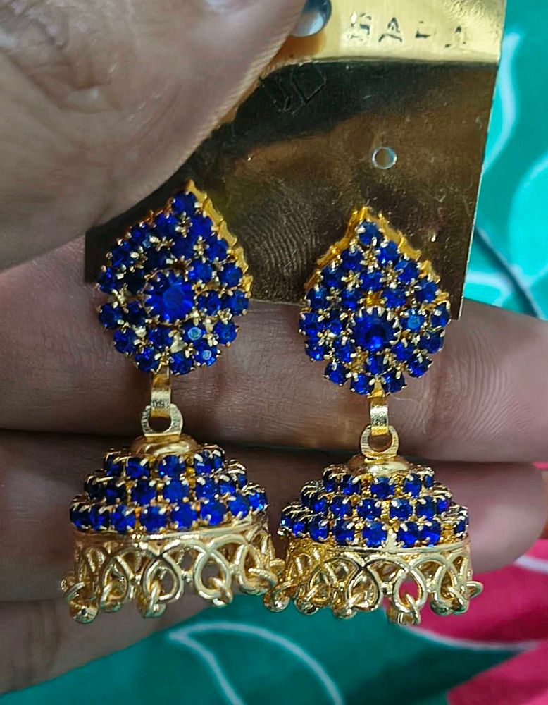 Blue &amp; Gold Jhumka Earrings