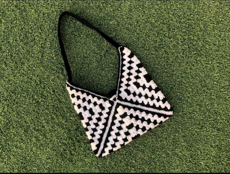 Monochrome Granny Square Crochet Bag Handmade Tote