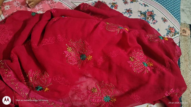 Dark Pink Embroidered Saree